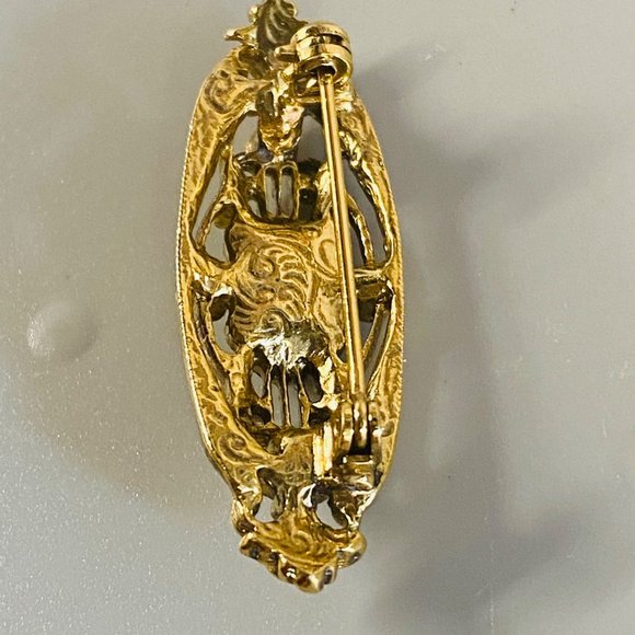 Art Deco Pin Brooch Gold Tone Faux Black Onyx Clear Rhinestone Vintage Jewelry - Picture 3 of 16